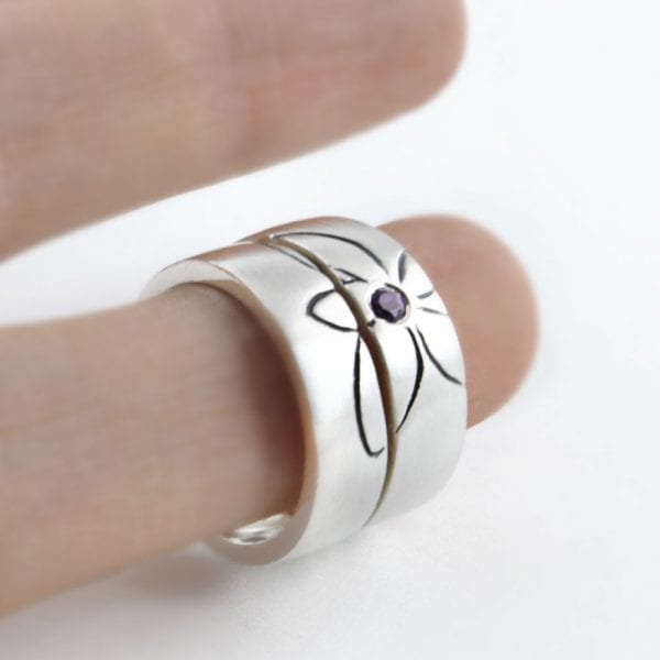 Silver Engagement Ring, Illustration of a Flower and Amethyst