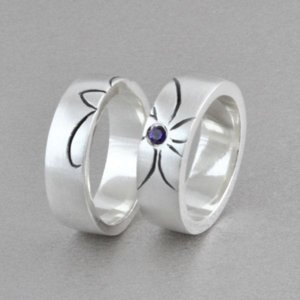 Silver Engagement Ring, Illustration of a Flower and Amethyst