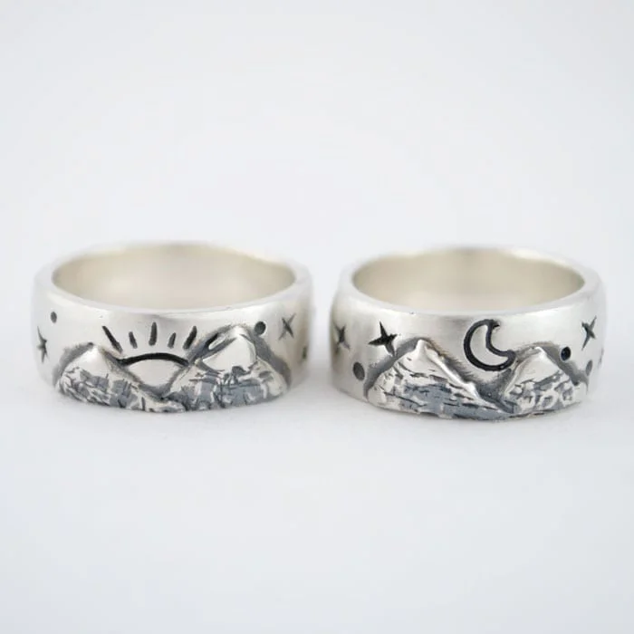 Silver Engagement Ring – Mountains, Sun and Moon - Vacía La Nevera Alianza de plata, Montañas, Sol y Luna