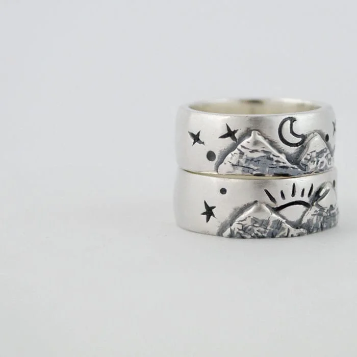 Silver Engagement Ring – Mountains, Sun and Moon - Vacía La Nevera