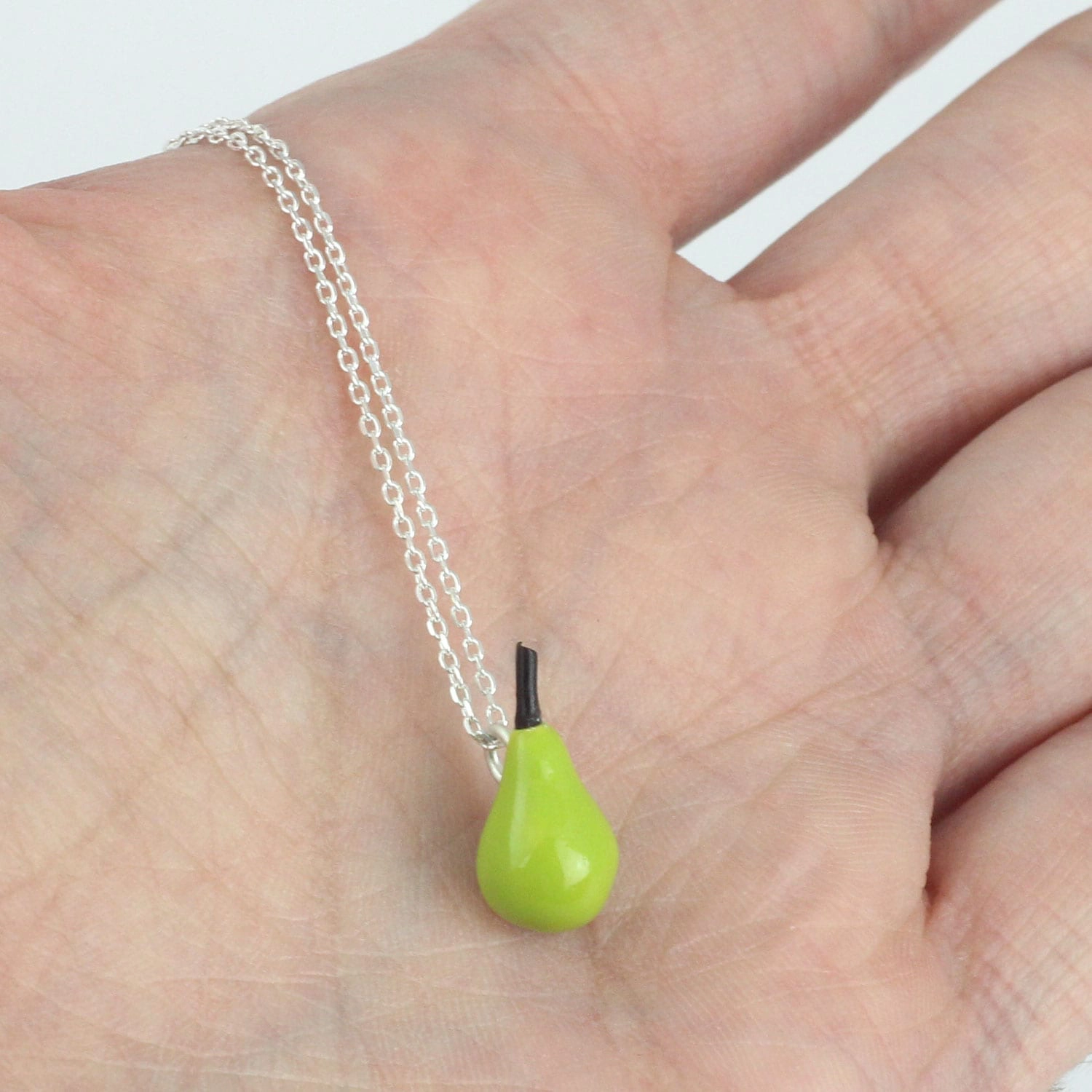 Silver Choker Necklace, Green Pear