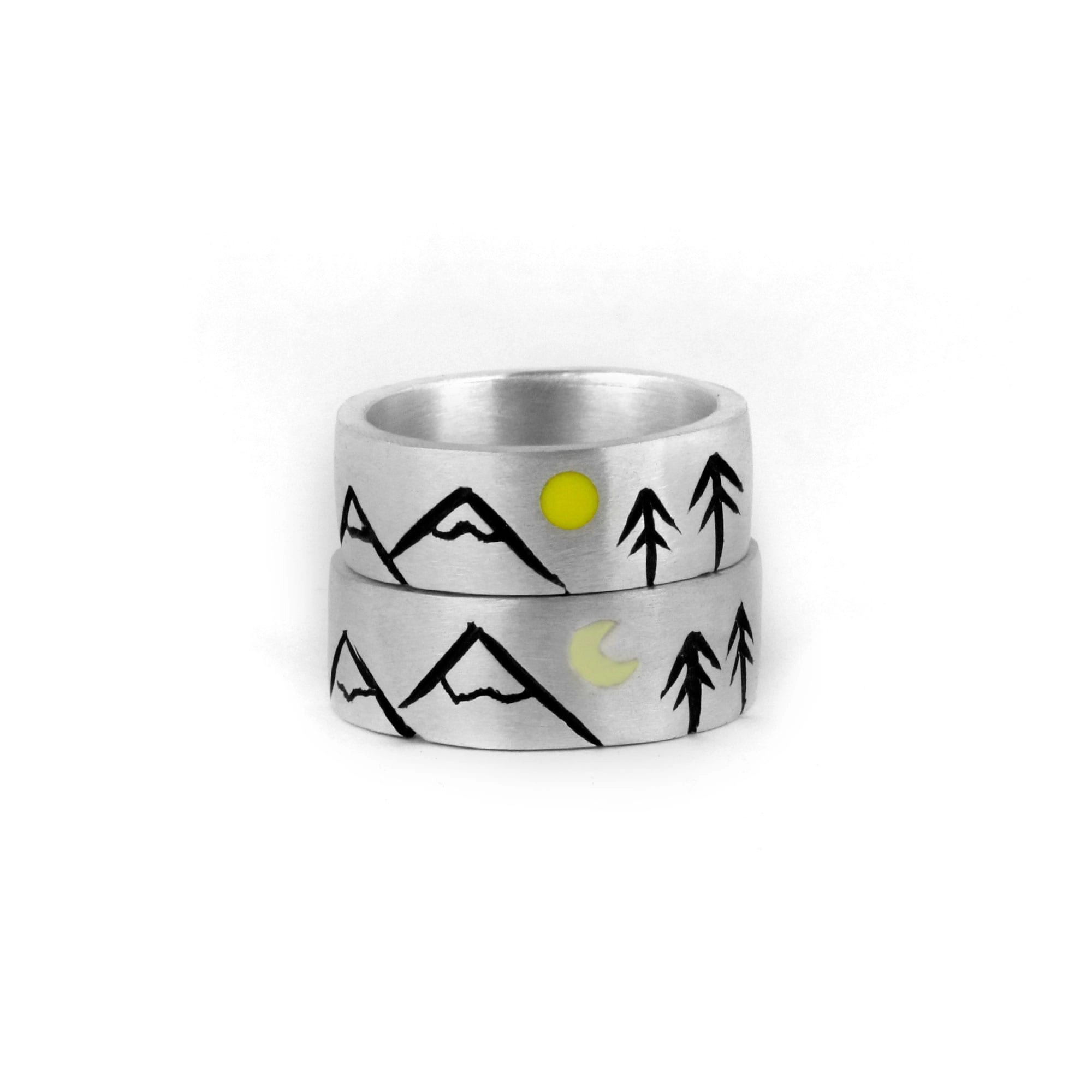 Silver Engagement Ring, Mountains, Sun and Moon
