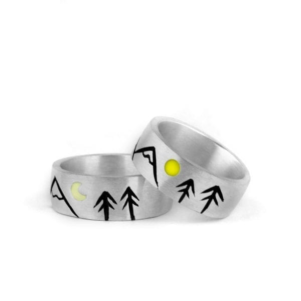 Silver Engagement Ring, Mountains, Sun and Moon