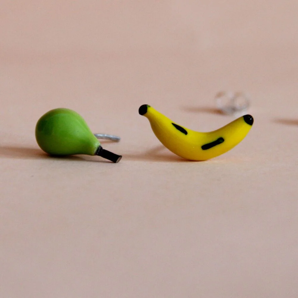 Silver Different Earrings, Pear and Banana