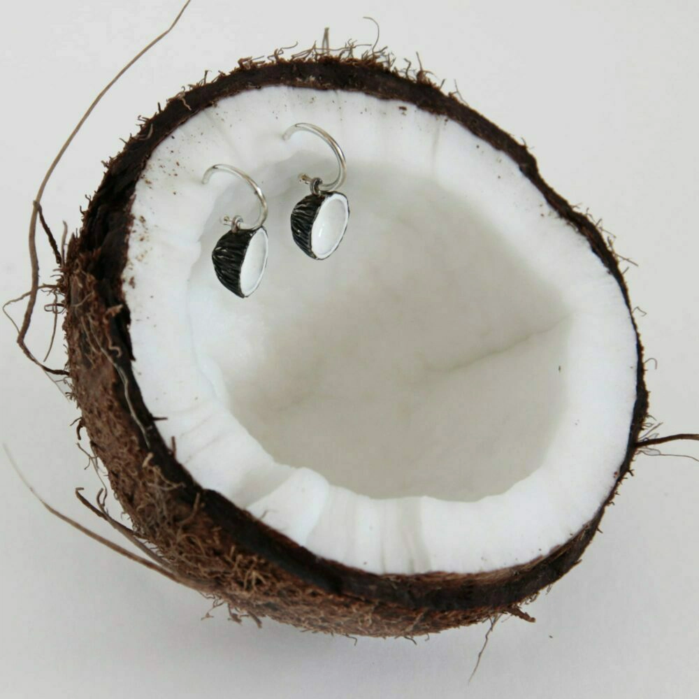 Silver hoop earrings, coconut